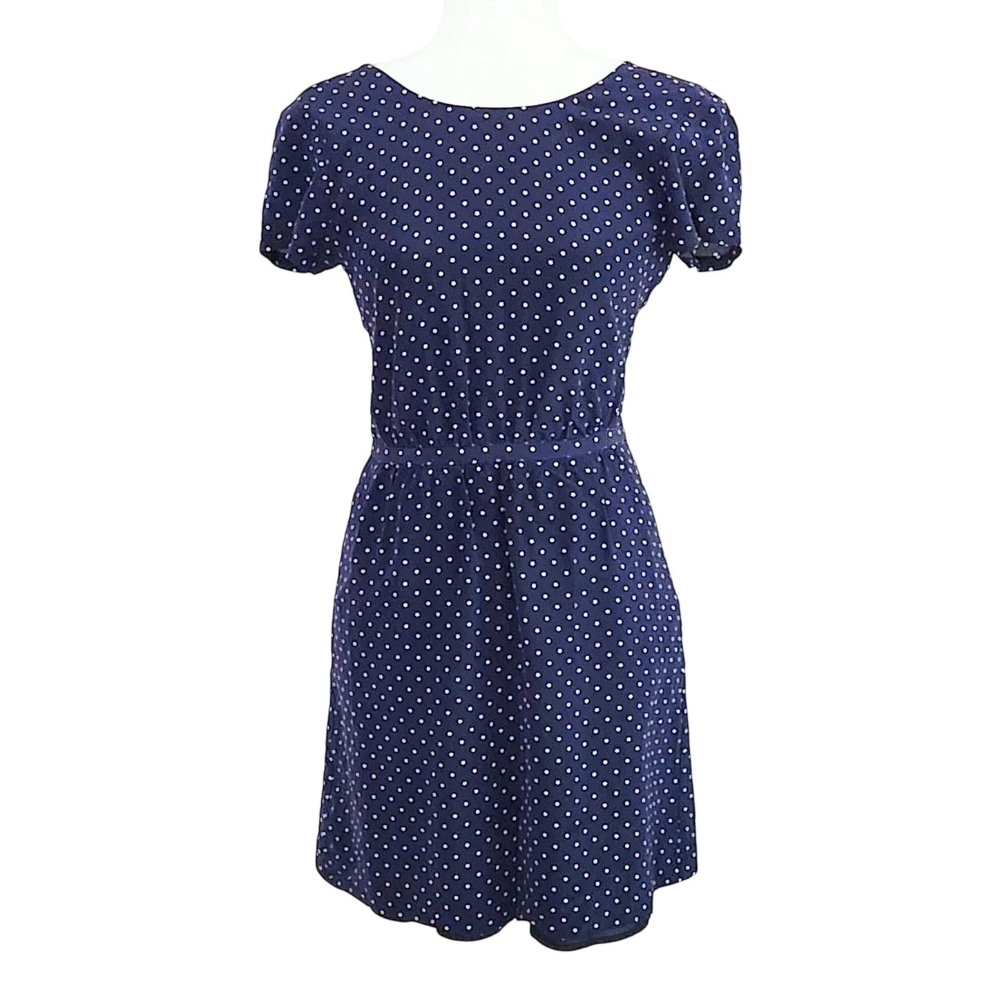 Madewell Silk Cross-Back Dress | Dots & Stars Print | Midnight Blue | Women Size 2 | Short Sleeve Lined Party Brunch Dress