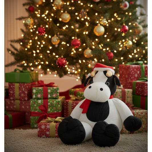 Vintage 90s Carlton Cards Heartwarmers Holiday Cow Plush • Giant 23” Christmas Stuffed Animal • Santa Hat • Farmhouse Christmas Decor