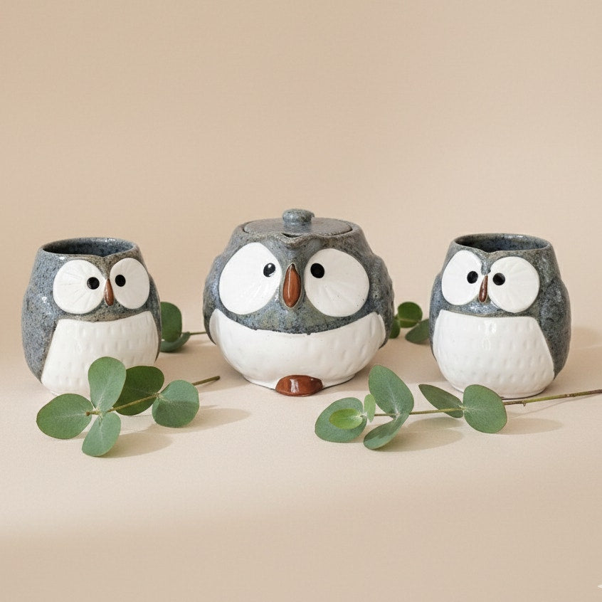 Vintage Owl Teapot Set with 2 Cups – 1970s Japanese Stoneware – Speckled Blue – Otagiri Style