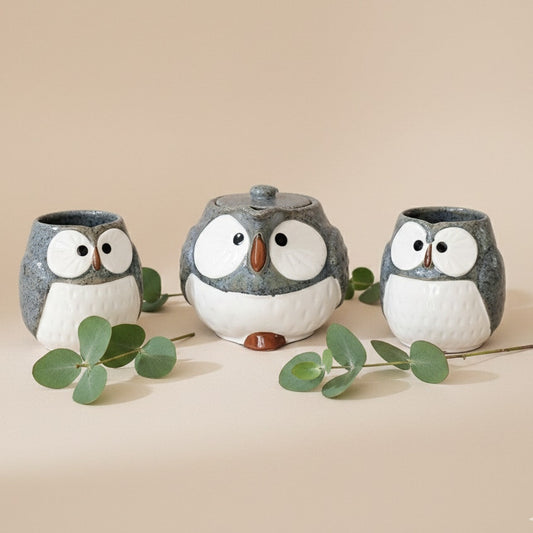 Vintage Owl Teapot Set with 2 Cups – 1970s Japanese Stoneware – Speckled Blue – Otagiri Style