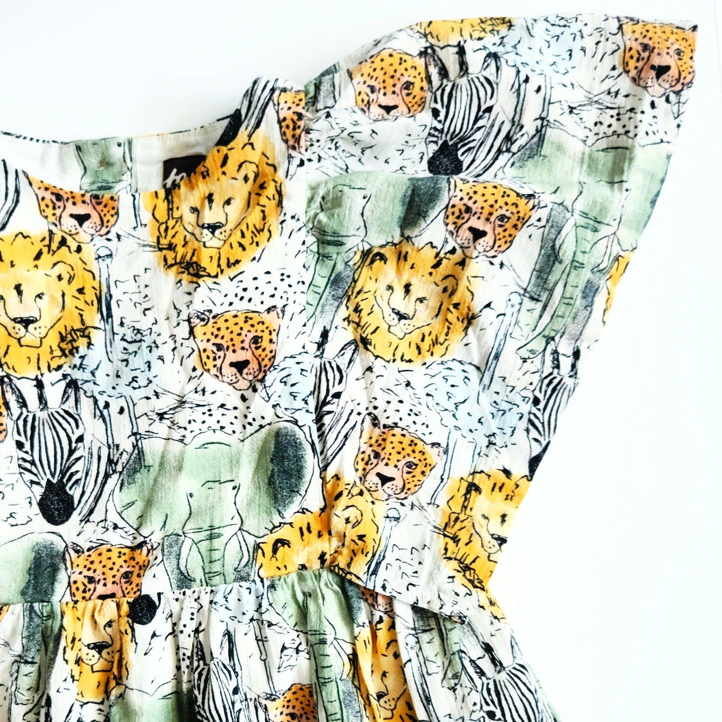 Tea Collection Girls Safari Toile Butterfly Sleeve Twirl Dress – Size 6 – Elephants, Lions, Zebras, Cheetahs Print