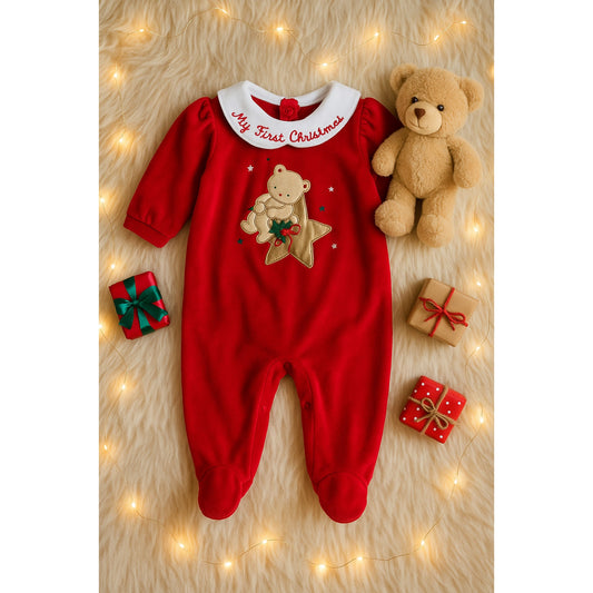 🎄 Vintage Little Me 1990s Red Velour "My First Christmas" Baby Footie – Size 6 Months