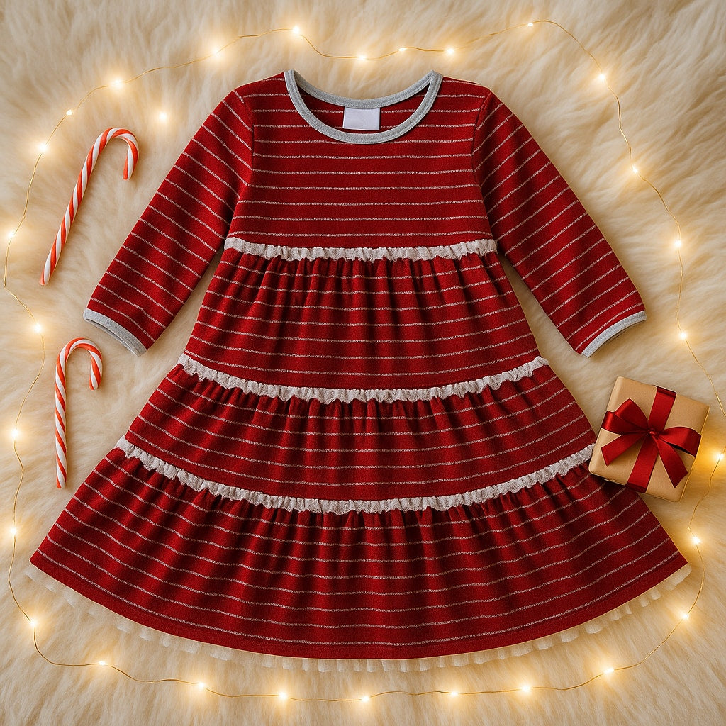 🎄 Hanna Andersson Girls' Striped Lurex Velour Holiday Dress – Cranberry & Silver – Size 110 cm (5)