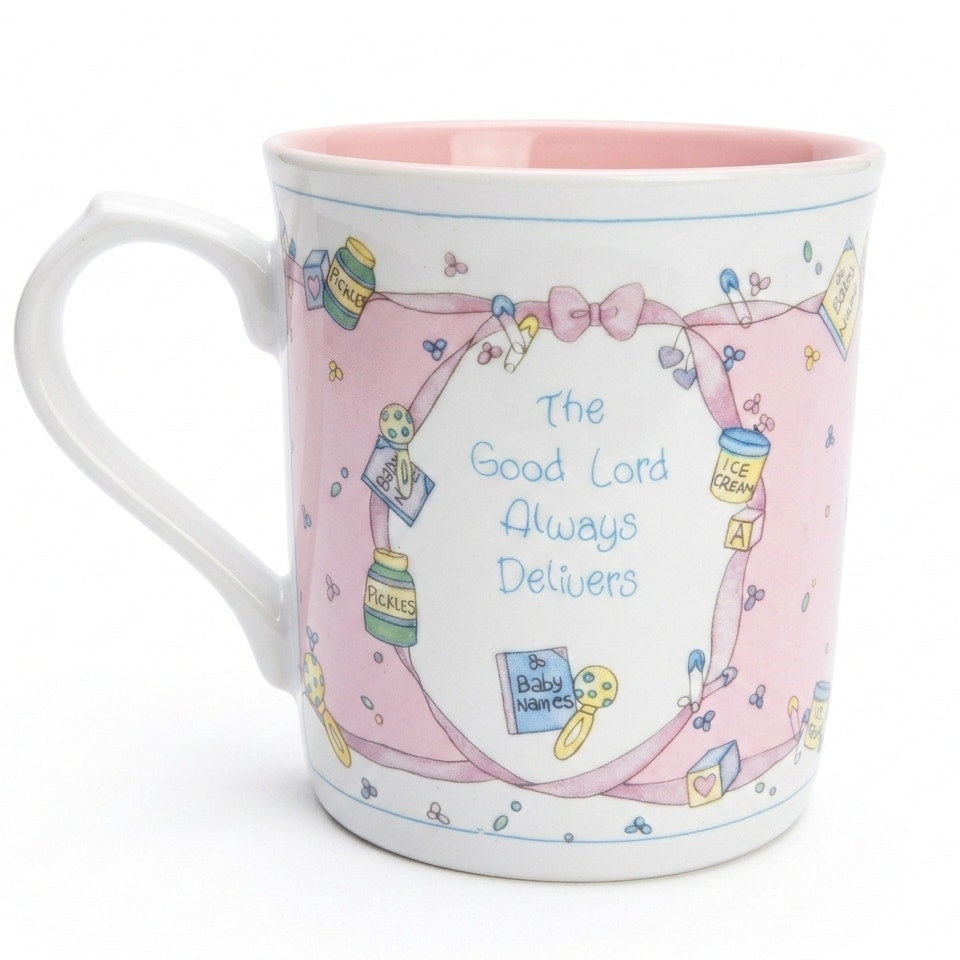 Precious Moments Enesco Mug – “The Good Lord Always Delivers” Baby Theme, Vintage 1991 Ceramic Cup, Christian Home Collectible