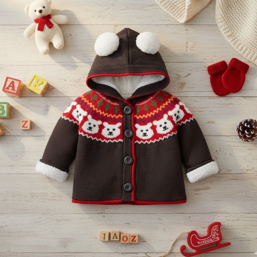 Polar Bear Sherpa Fair Isle Knit Hoodie | 12-18 months | 75 cm