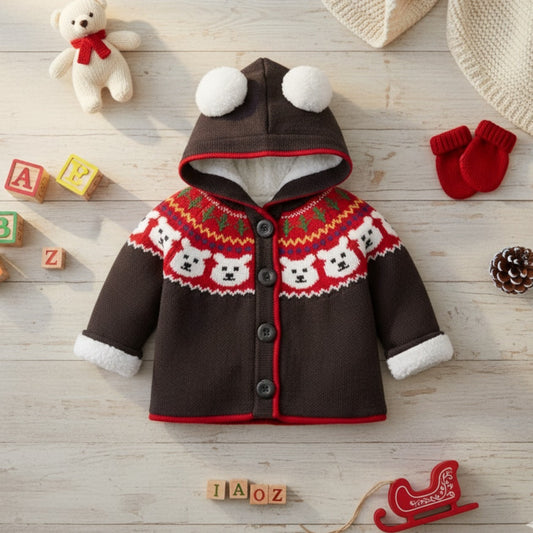 Polar Bear Sherpa Fair Isle Knit Hoodie | 12-18 months | 75 cm