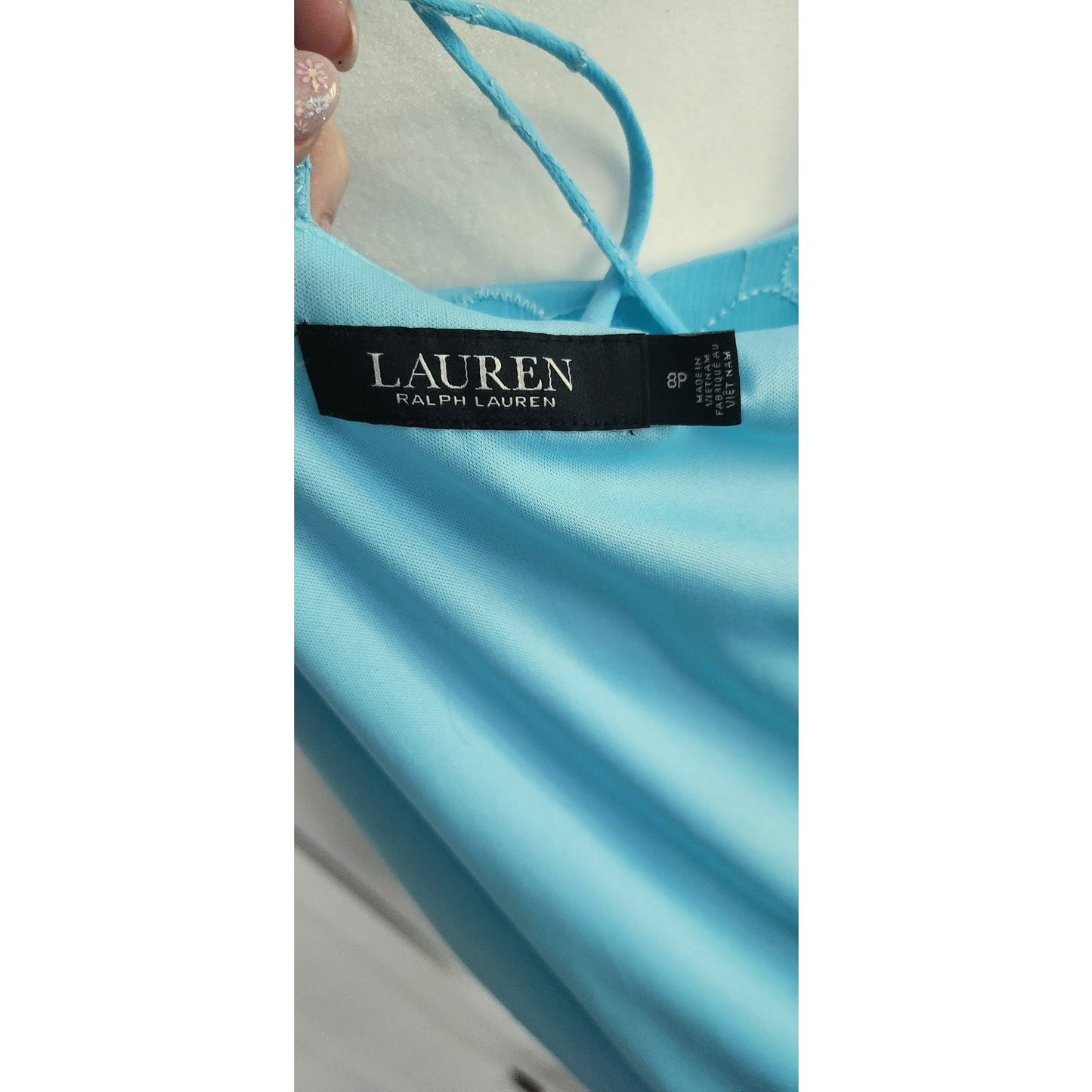 Lauren Ralph Lauren Turquoise Eyelet Embroidered Hi-Lo Halter Dress | Women's Size 8P | Ruffle Hem