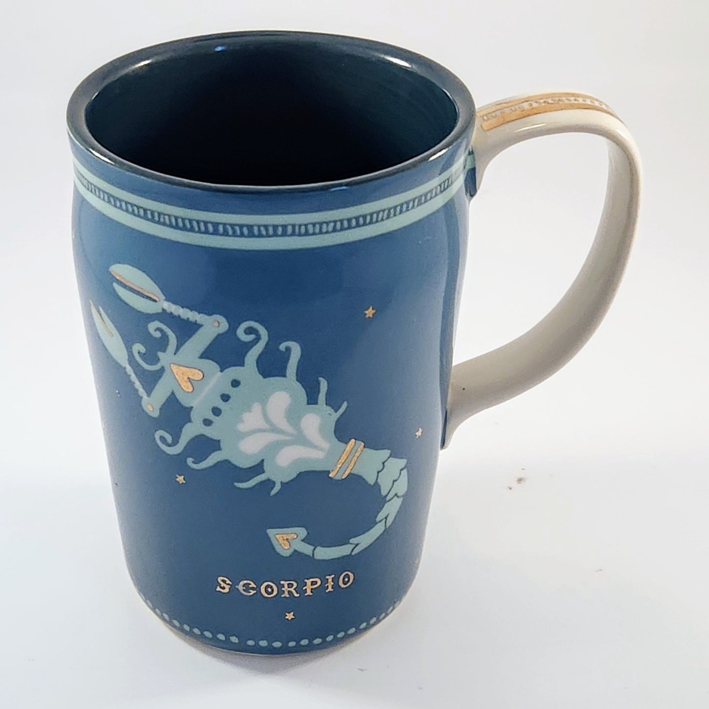 Anthropologie Danielle Kroll Teal & Metallic Gold Zodiac "Scorpio" Mug 14 oz