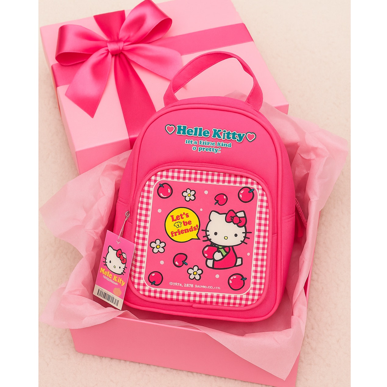 Vintage 2002 Kids Sanrio Hello Kitty Pink Bag – Cherries Daisies Gingham Print – "Let’s Be Friends" – Kawaii Collectible Tote – NWT