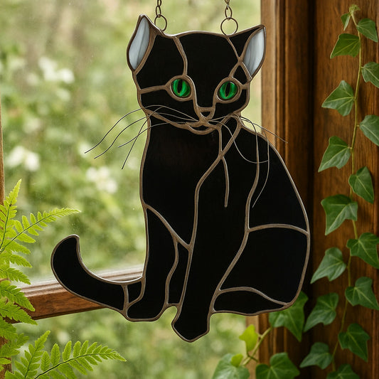 🐾 Vintage Burmese Black Cat Stained Glass Suncatcher – Green Eyes, Wire Whiskers, Artisan 1970s | Home Decor