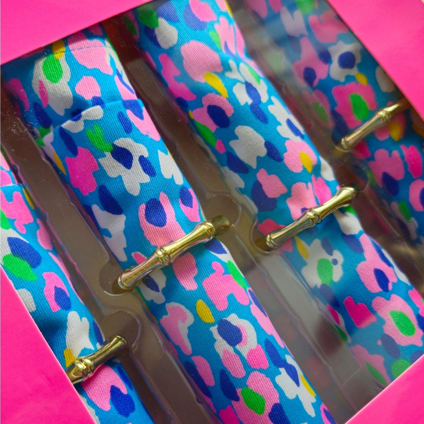 Lilly Pulitzer Hottie Dottie Blue & Pink Napkins & Bamboo Rings | Set of 4