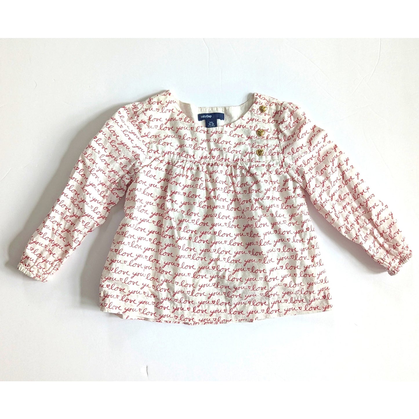 BabyGap “Love You” Hearts Button Blouse Long Sleeve Cotton Shirt | Girl 18–24M