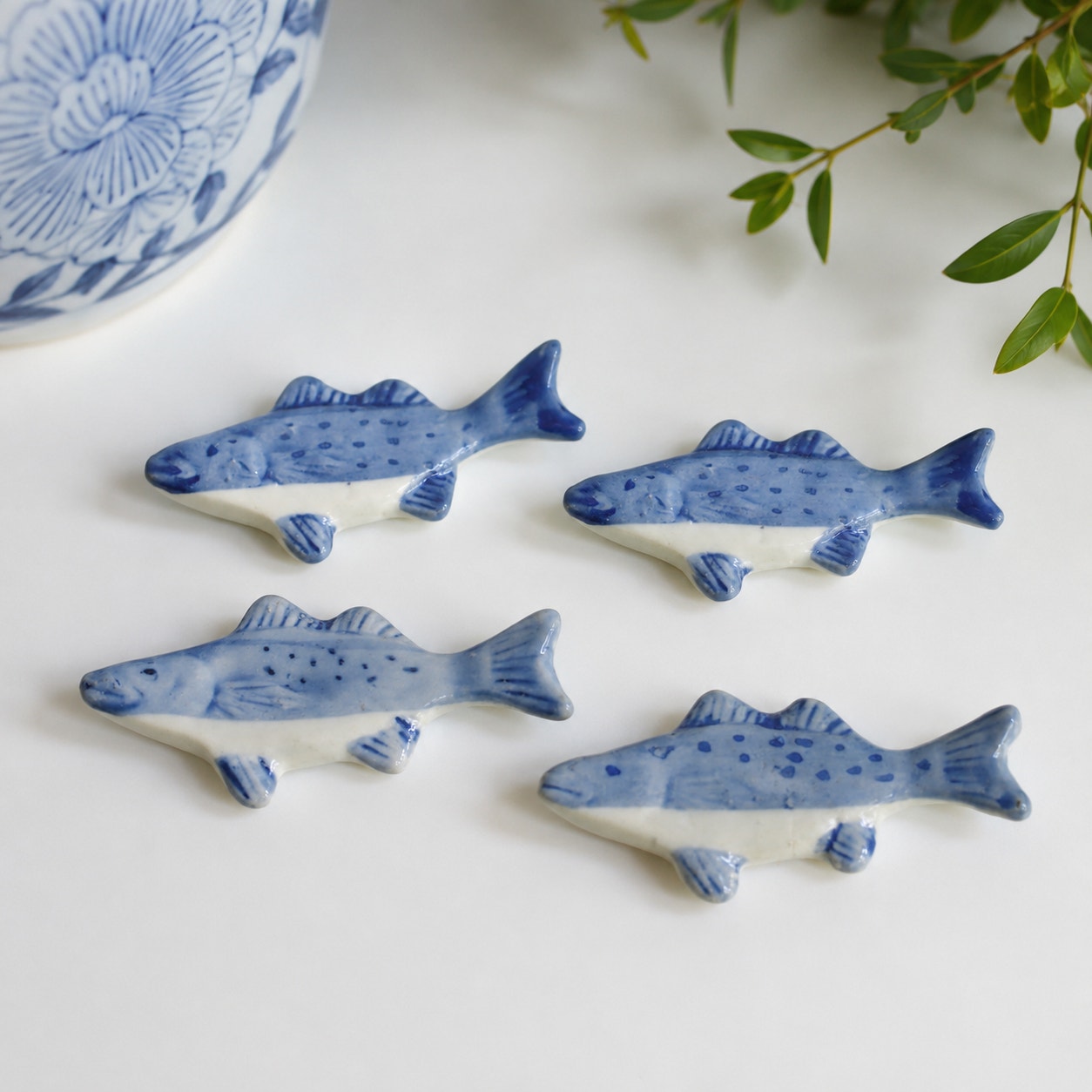 Vintage Blue & White Fish Chopstick Rests (Set of 4)