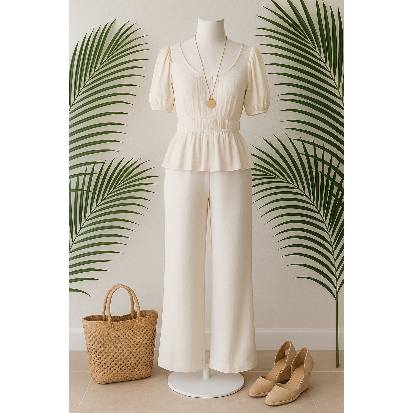 Slate & Willow White Smocked Peplum Top Puff Sleeve Rayon Scoop Neck Blouse | Women's Size M