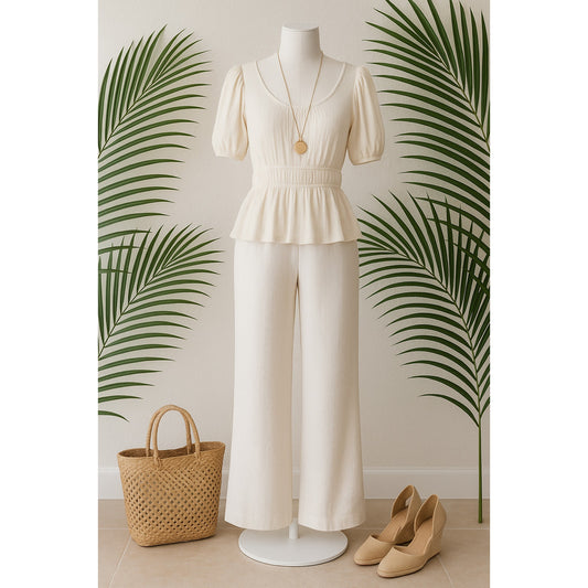 Slate & Willow White Smocked Peplum Top Puff Sleeve Rayon Scoop Neck Blouse | Women's Size M