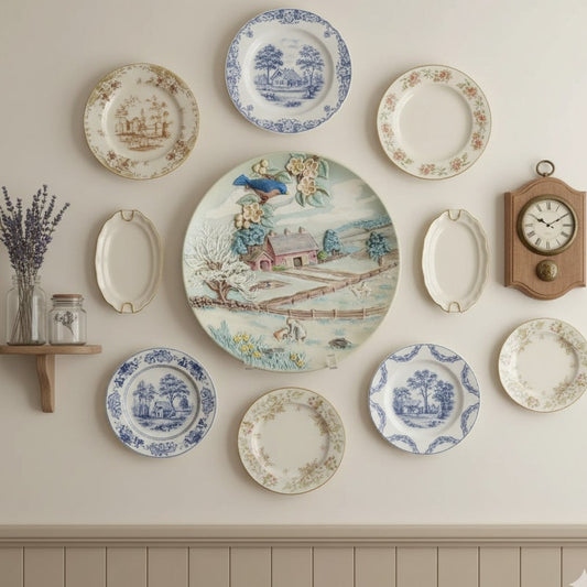 Byron Molds 3D Ceramic Wall Hanging Plate – Vintage 1980 Cottagecore Farm Scene with Bluebird, Barn & Daffodils – 10.25” | Home Decor