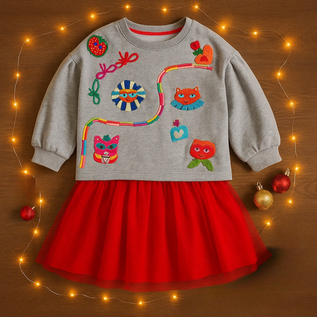 Oilily Believe Sweater Gray Crewneck Girls Size 7 | 122cm Sequins & Embroidery Puff Sleeve Cotton