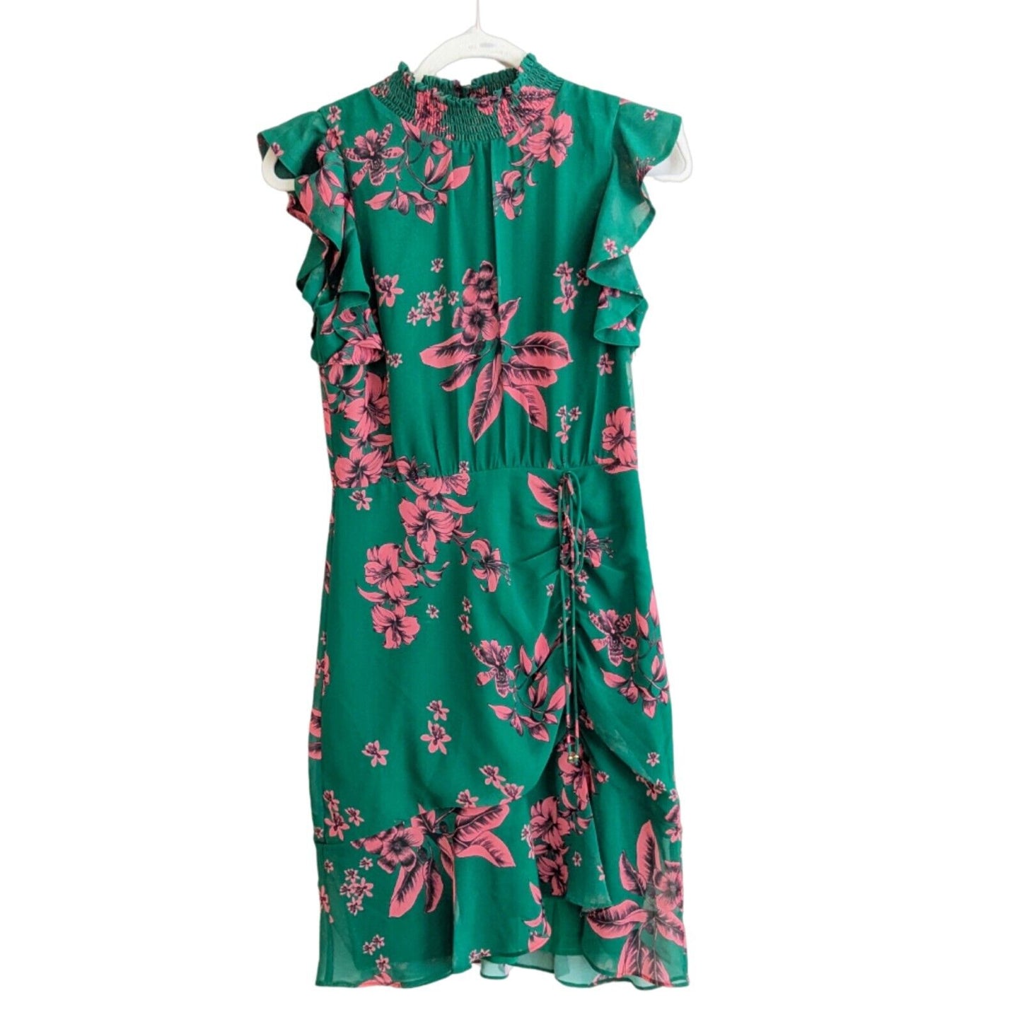 Sam Edelman Green Pink Floral High Neck Ruffle Dress Women's Size 2 Wedding Guest Party Travel