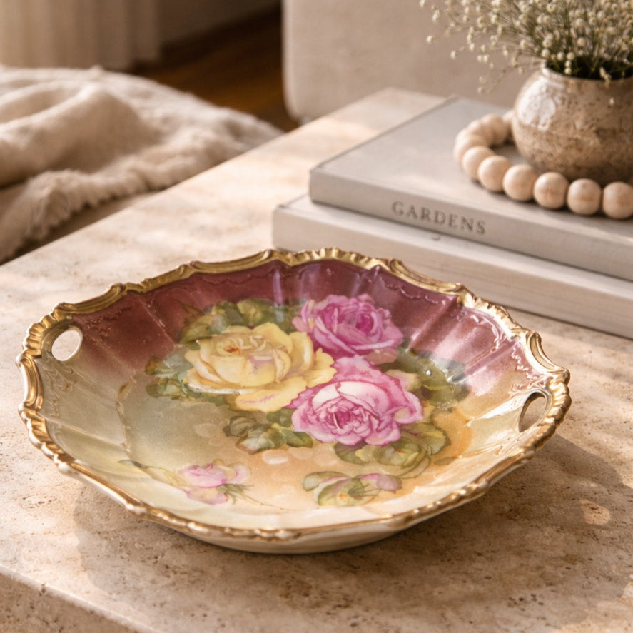 Antique Kuno Steinmann Tiefenfurt Porcelain Bowl  Hand-Painted “Roses à la Paris” | Made in Germany | Circa 1900–1915 | Heavy Gold Gilt