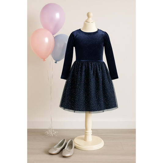 Crewcuts Girls’ Sparkle Velvet Dress Navy Blue XL – Long Sleeve Tulle Glitter Star Skirt Party Dress
