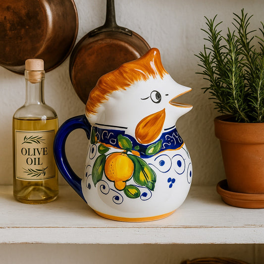 Vintage Italian Majolica Rooster Pitcher Jug – Hand Painted Stoneware – Taormina Sicily Sugar e Spice – Good Luck Rooster Gift – 1990s Ceramic Kitchen Decor