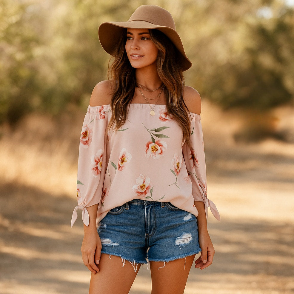 Monteau NWT Women's Off Shoulder Blush Pink Floral Tie Sleeve Blouse | Size M