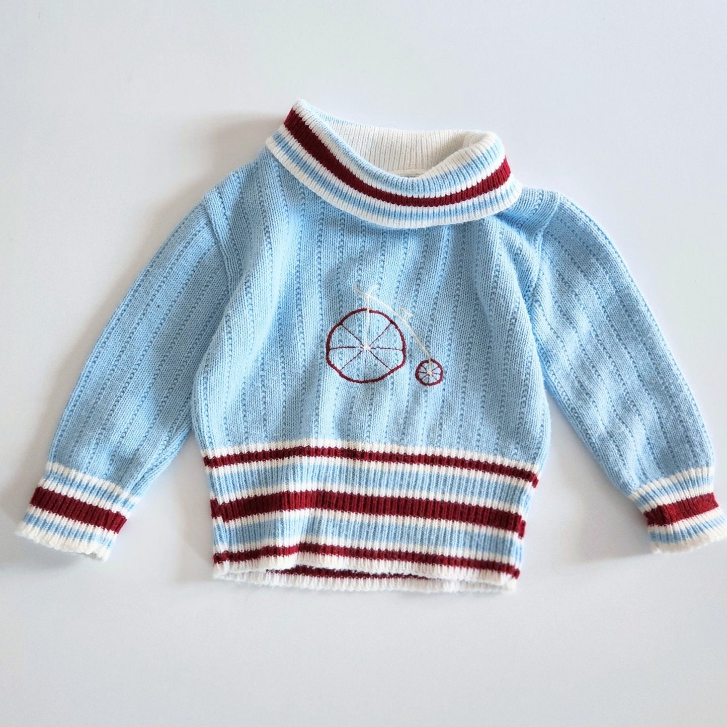1960s Turtleneck Sweater – Baby Blue with Penny Farthing Embroidery – Size 2T