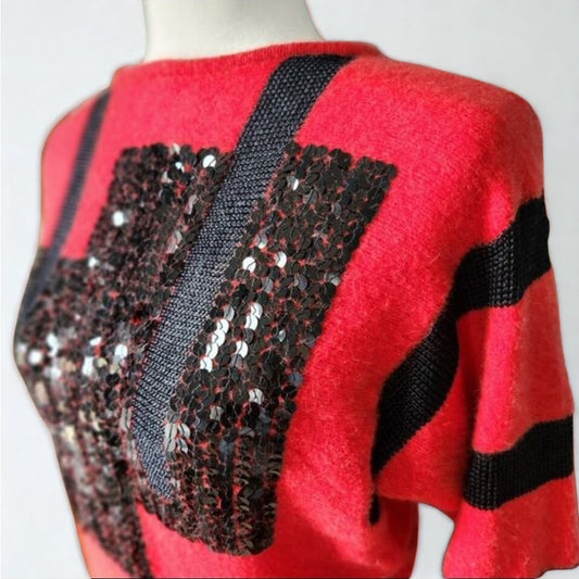 Vintage 1970s Tricoville of London Red Wool Angora Sweater – Black Sequin Graphic, Open Back, Retro Glam Rock Pullover Women's Size Small