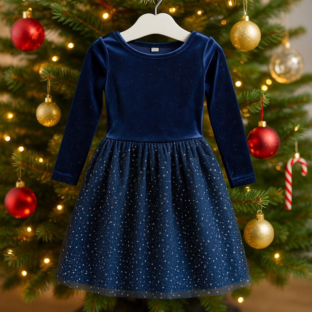 Crewcuts Girls’ Sparkle Velvet Dress Navy Blue XL – Long Sleeve Tulle Glitter Star Skirt Party Dress