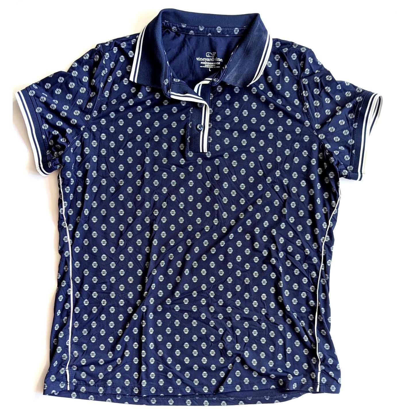 🐳 Vineyard Vines Women’s Performance Polo Navy Blue Geometric Print Size Large