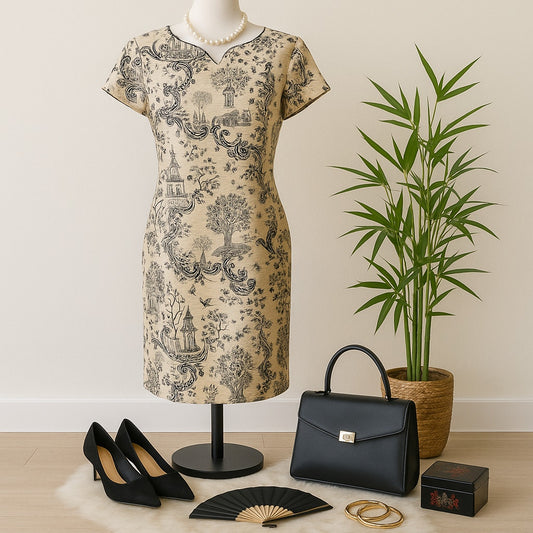 Talbots 100% Silk Sheath Dress – Asian Motif Beige & Black Women's Size 10