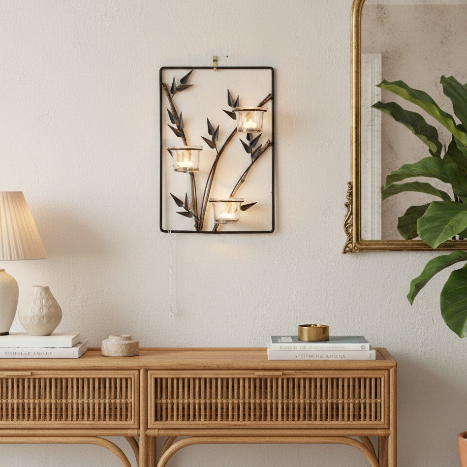 Vintage Bamboo & Metal Wall Candle Holder