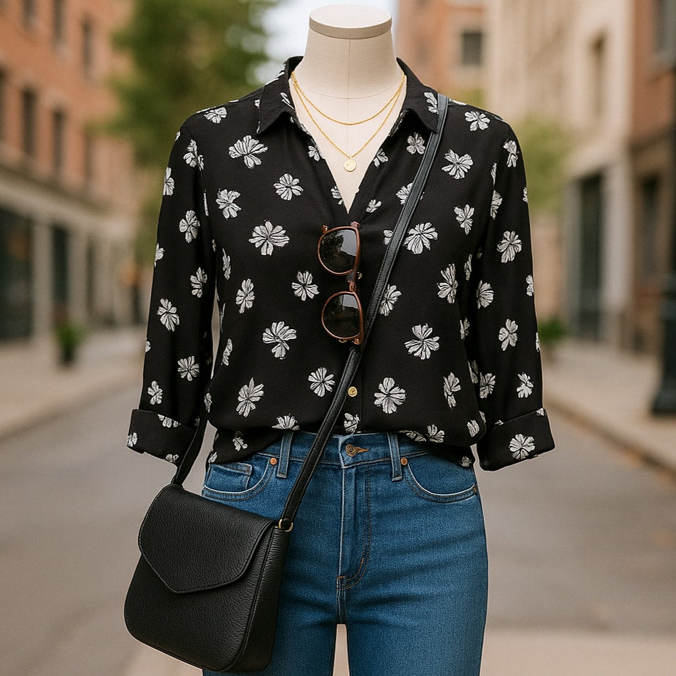 Maeve Anthropologie Emory Bow Print Blouse Black White Floral Button Down Top | Women's Size 0