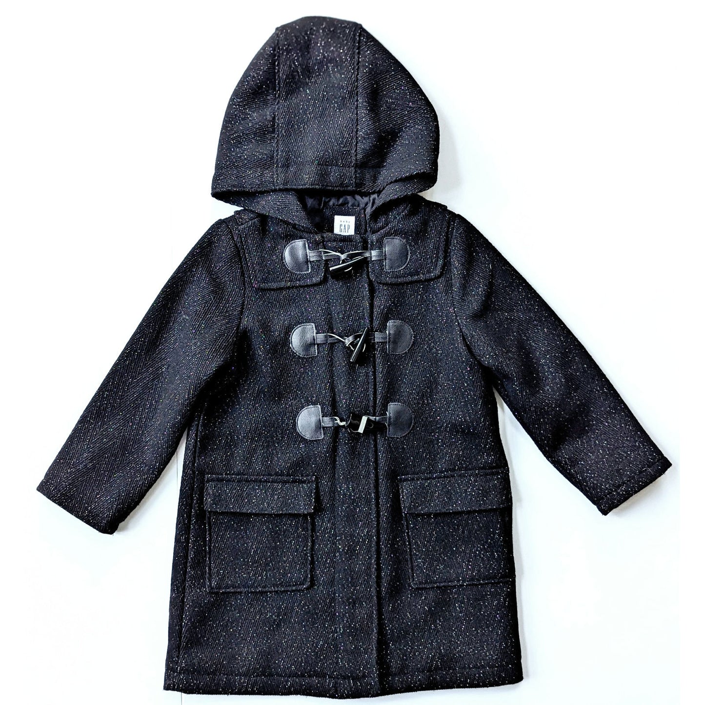 Baby Gap Toddler Girl’s Black Metallic Glitter Hooded Winter Toggle Coat Size 4