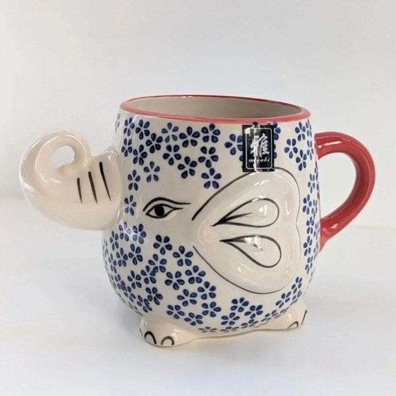 🐘 Yokohama Studio Japan Ceramic & Enamel Blue Floral Elephant Mug – Reproduction | Home