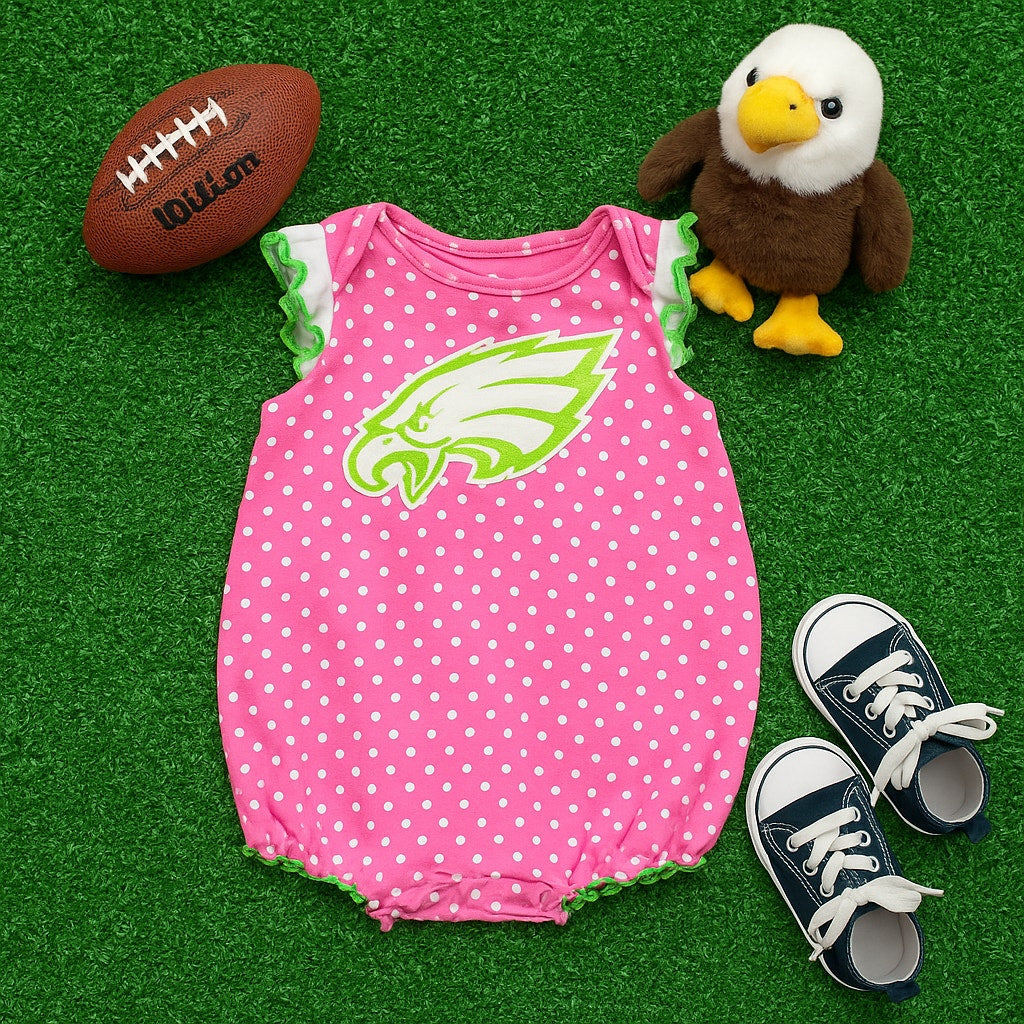 NFL Philadelphia Eagles Baby Girl Romper Pink Polka Dot Ruffle | 3-6 Months