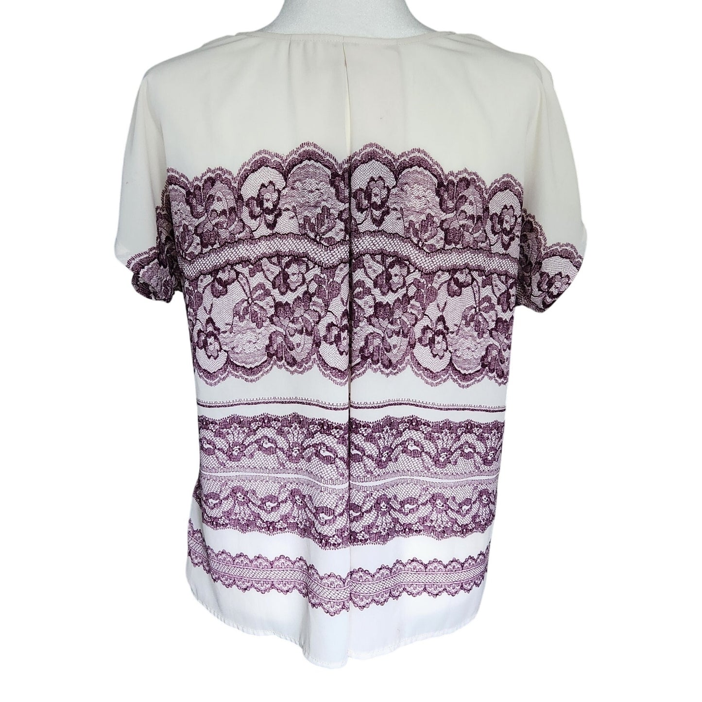 Under Skies Women’s Short Sleeve Purple Lace Print Blouse | Lightweight Pleated Top | Women's Size M