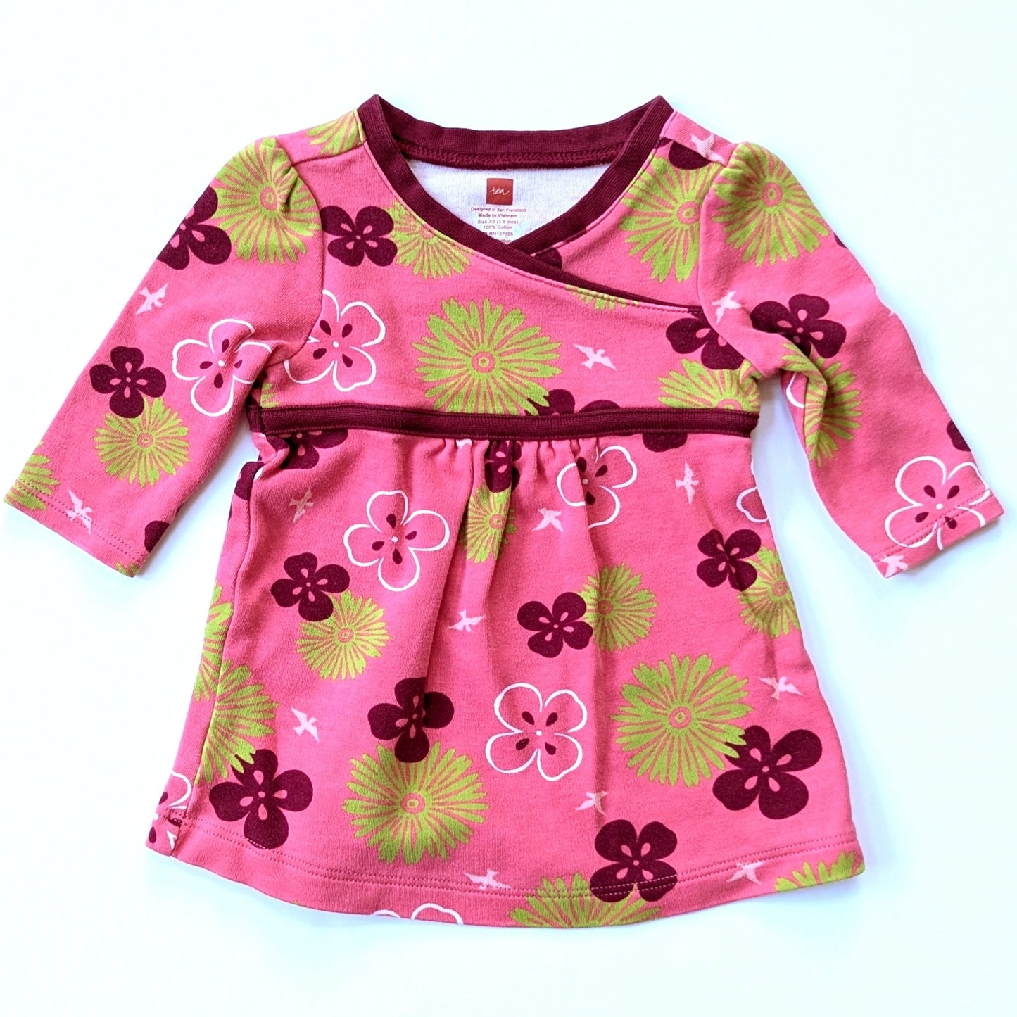 Tea Collection	Pink & Green Floral Bird Wrap Dress Infant Sz XS 3-6 mos EUC