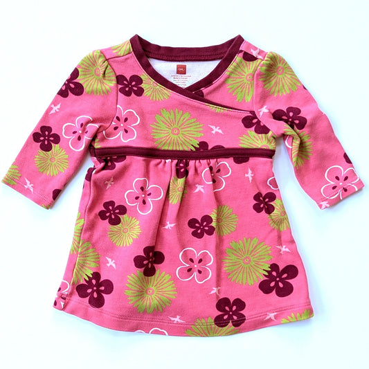 Tea Collection	Pink & Green Floral Bird Wrap Dress Infant Sz XS 3-6 mos EUC