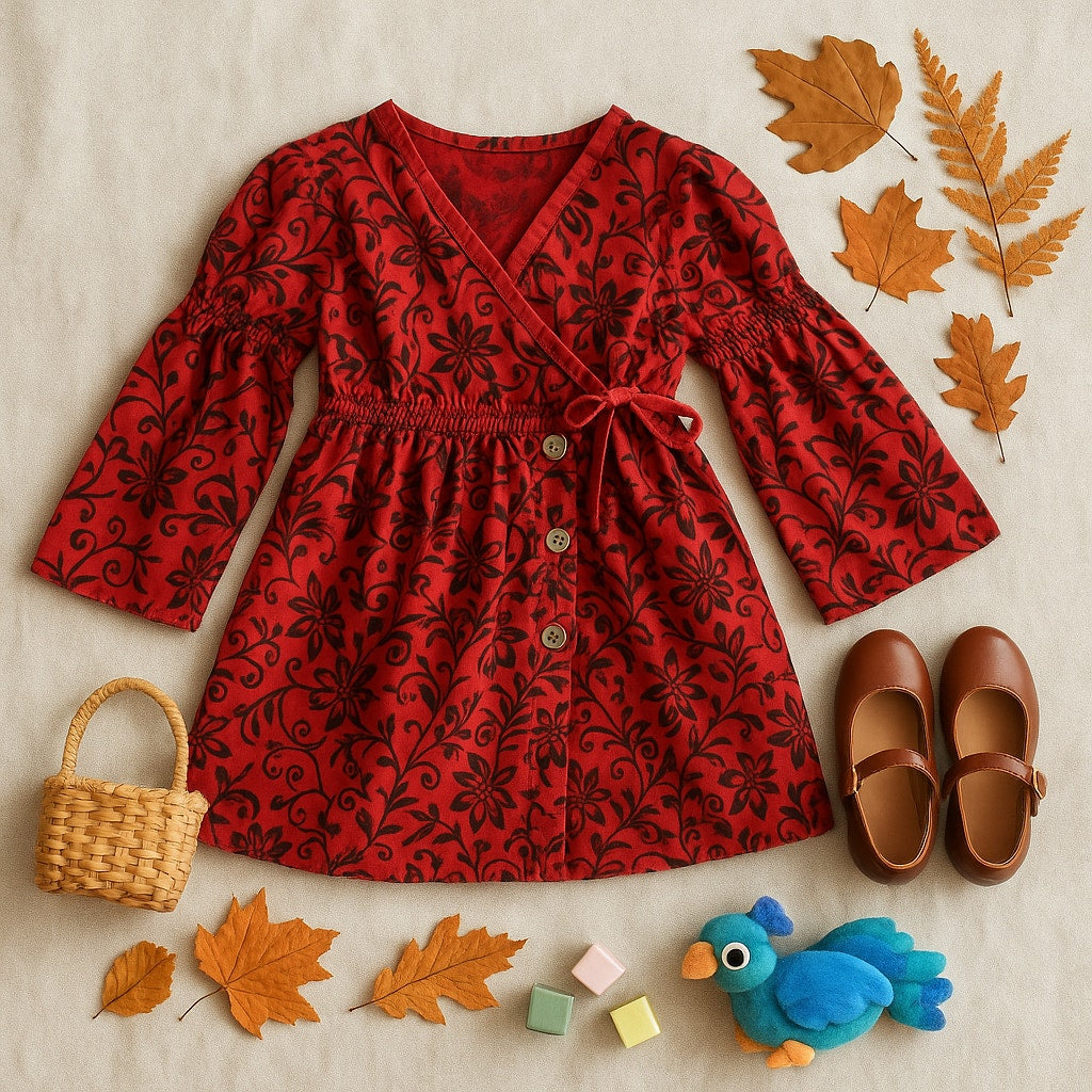 Red Floral Scroll Wrap Dress | Long Bell Sleeves | Girls Size 5
