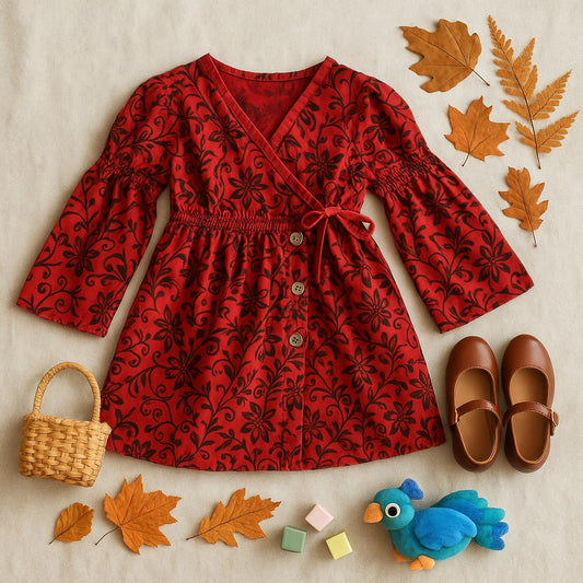 Red Floral Scroll Wrap Dress | Long Bell Sleeves | Girls Size 5