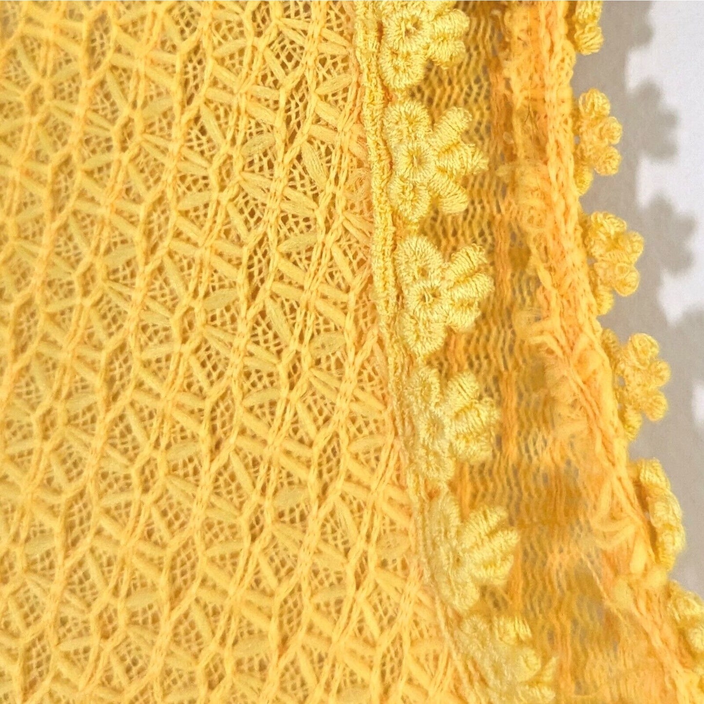 Vintage 1960s Marigold Yellow Maxi Dress | Empire Waist Lace Bodice with Daisy Trim & Bow | Boho Hippie Festival Gown | Women's Size M