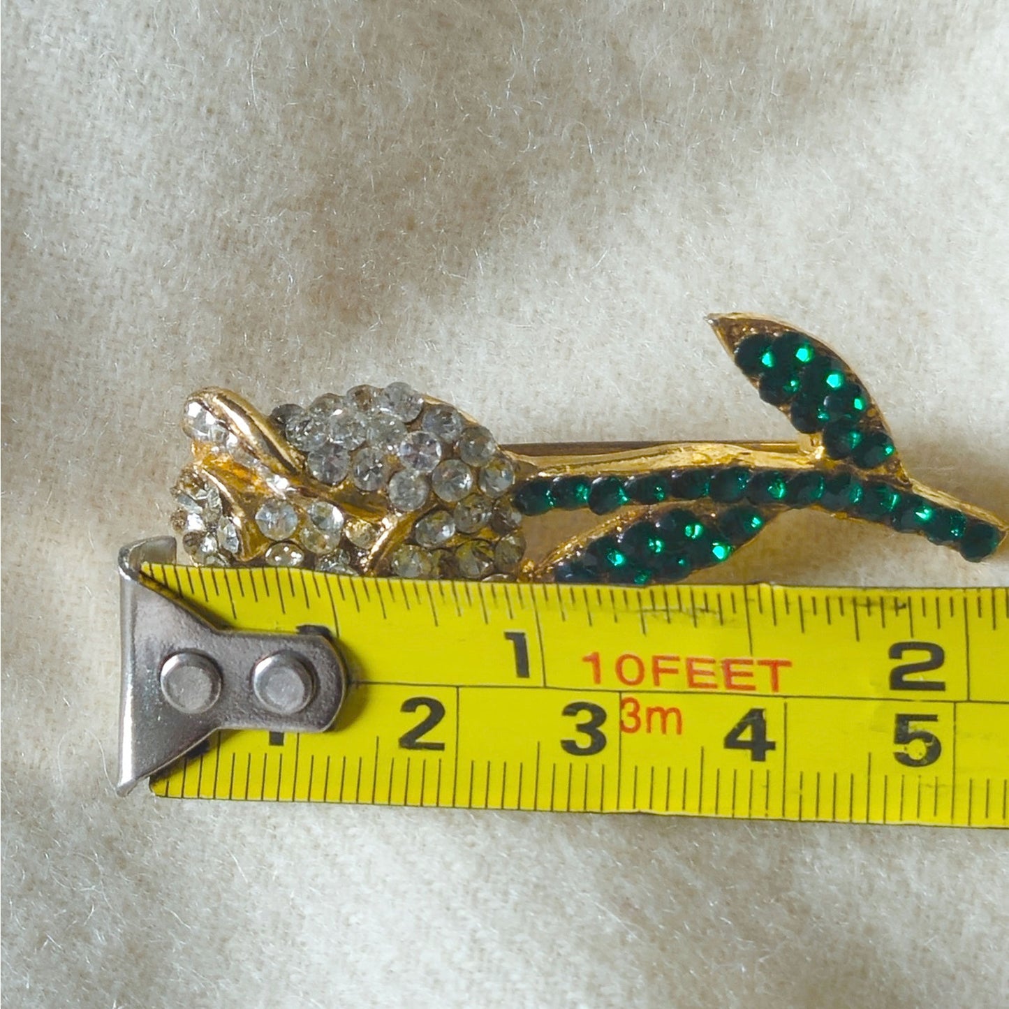 Vintage Jonette JJ Rose Brooch | 1980s Gold Tone Rhinestone Flower Pin | Emerald Green & Clear Crystal