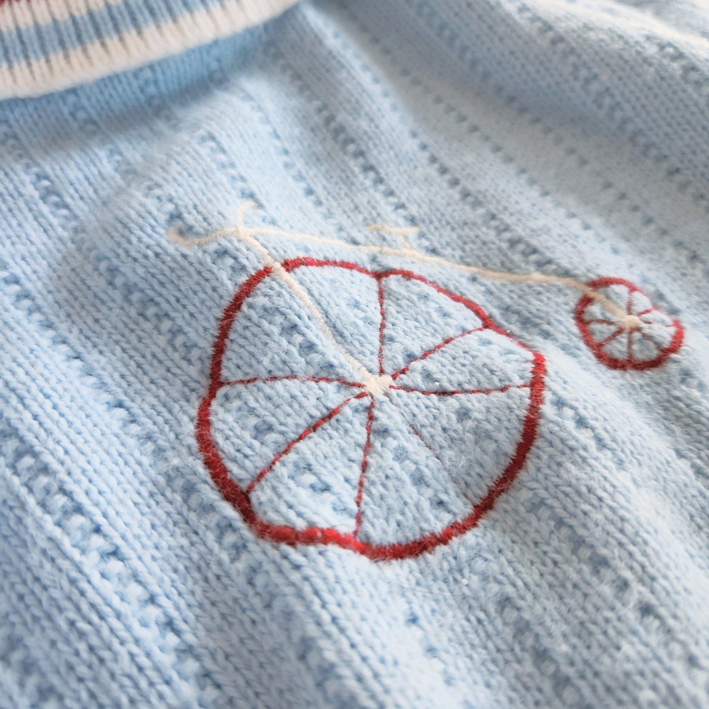 1960s Turtleneck Sweater – Baby Blue with Penny Farthing Embroidery – Size 2T