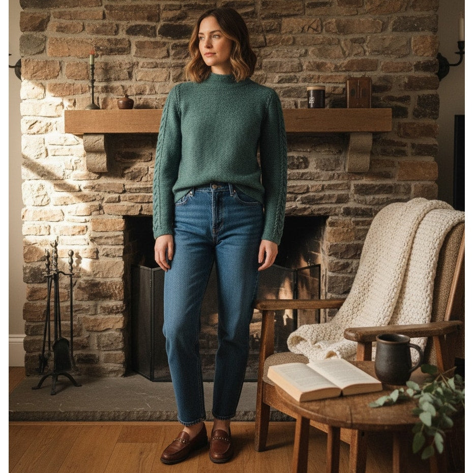 Green Cable Knit Wool Blend Sweater | Made in Ireland | Women's S