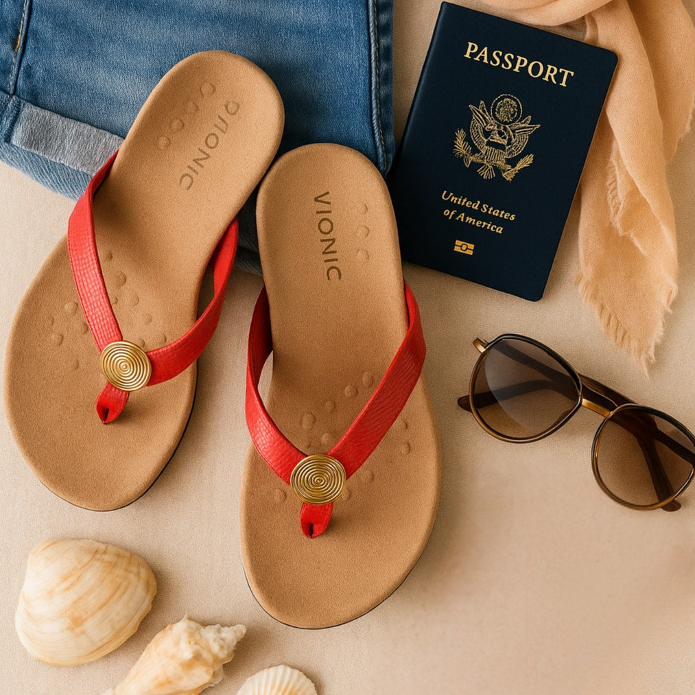 Vionic Women’s Hilda Woven Thong Sandal – Coral Red & Gold Size 7.5