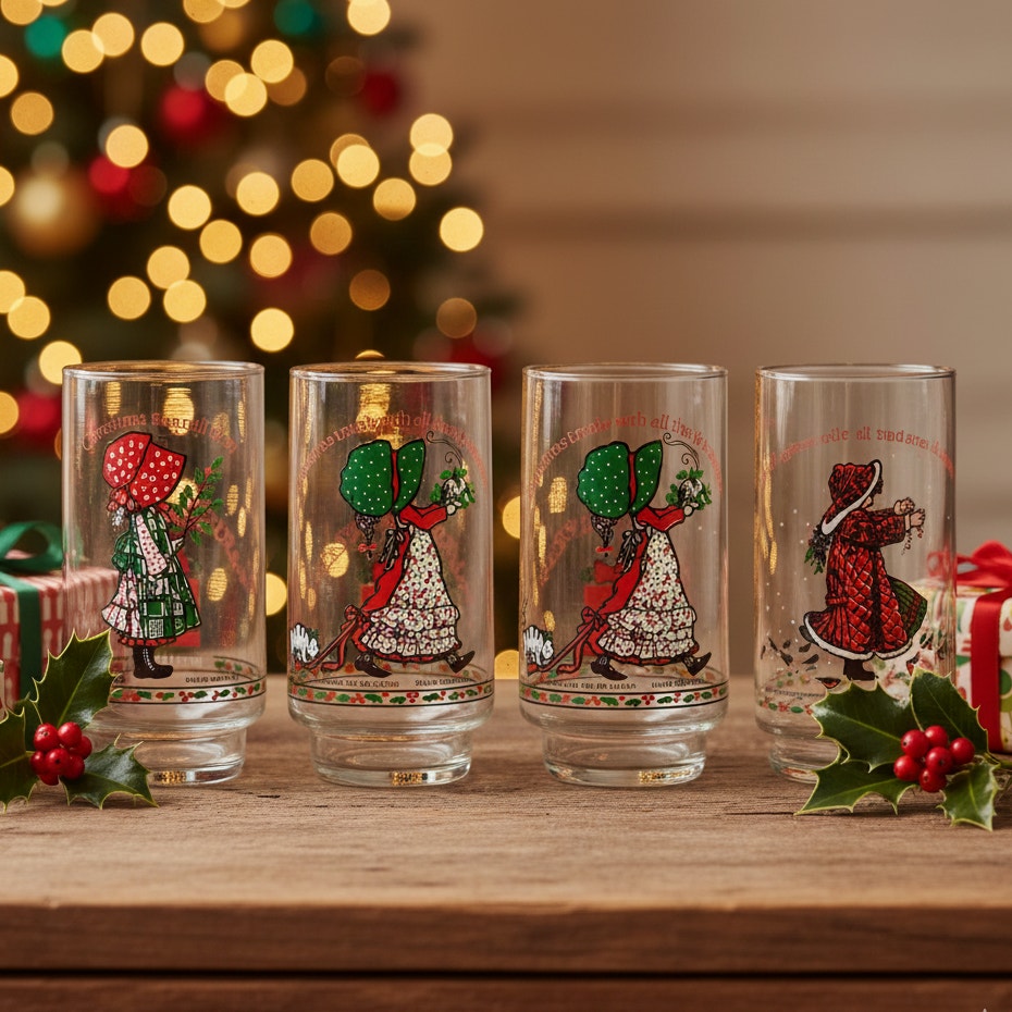 Vintage Holly Hobbie Coca-Cola Christmas Glasses – Limited Edition 1970s/1981 Tumblers | American Greetings Holiday Collectibles | Set of 4
