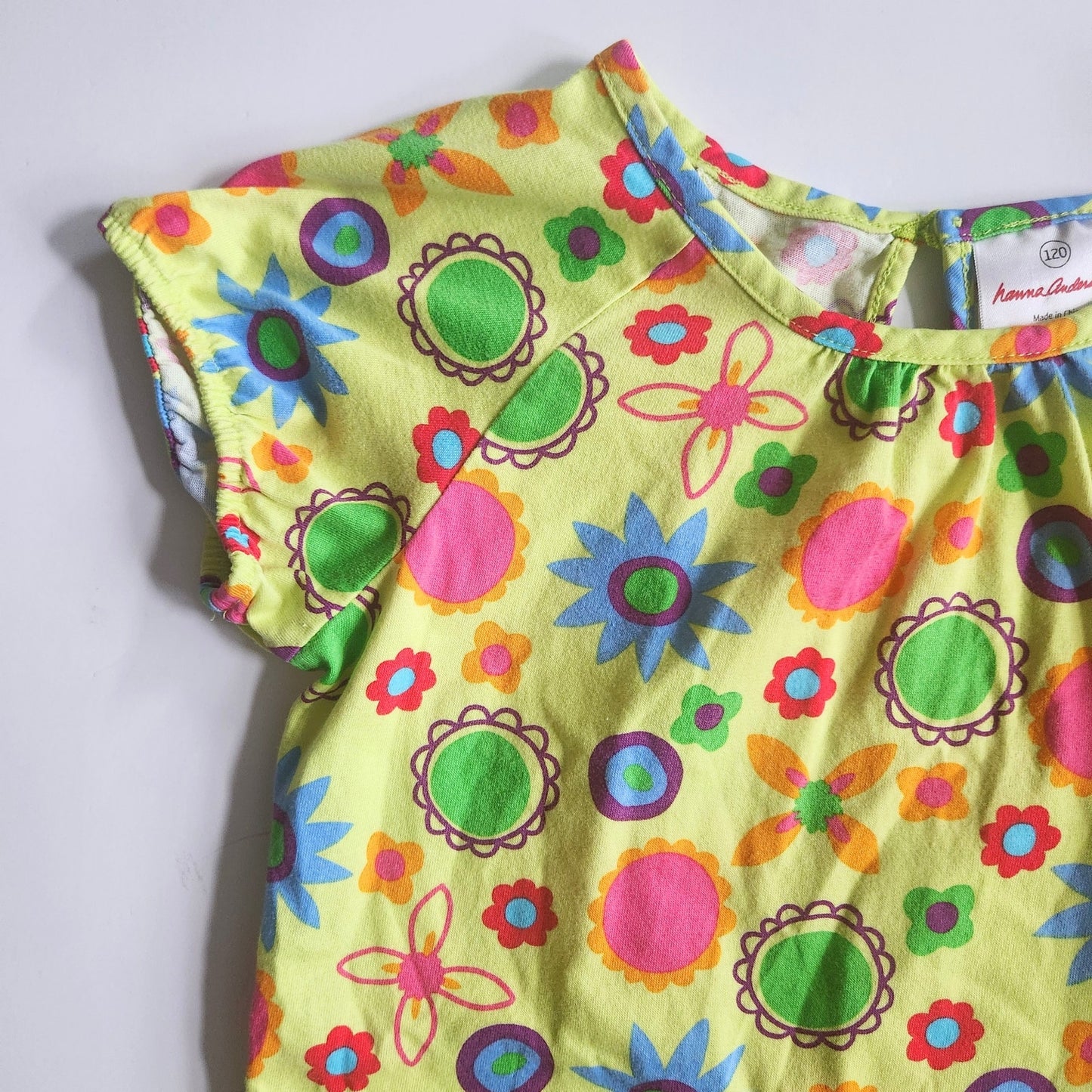 Hanna Andersson Girls Neon Yellow Flower Power Drop Waist Dress Size 120 cm | 6-7