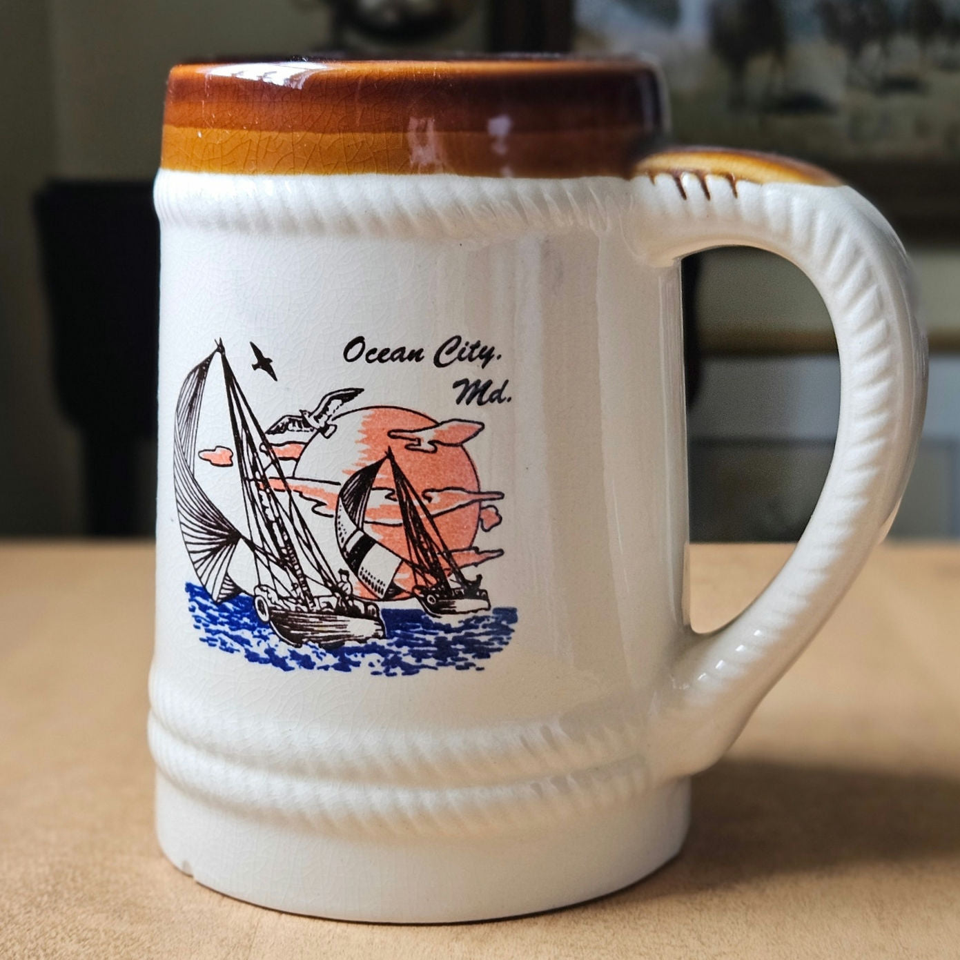Vintage Ocean City, Maryland Mug Set – Nautical Sailboat & Lighthouse – 1980s Maryland Souvenir Coffee Cups – Coastal Barware Pair