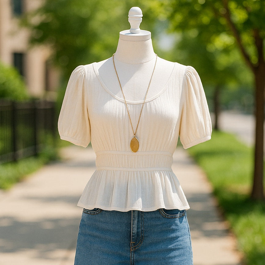 Slate & Willow White Smocked Peplum Top Puff Sleeve Rayon Scoop Neck Blouse | Women's Size M